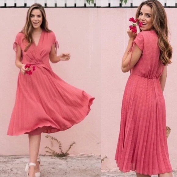 Gal Meets Glam Dresses & Skirts - Gal Meets Glam Women Angelica Pleated Midi Dress 14 Pink Faux Wrap Shoulder Ties